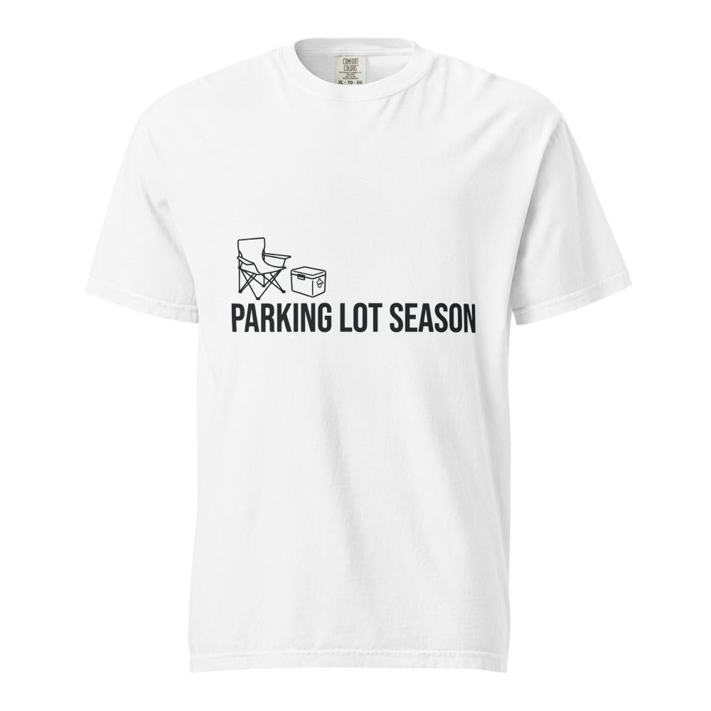 White t-shirt printed with a line-art camp chair and cooler above the words PARKING LOT SEASON