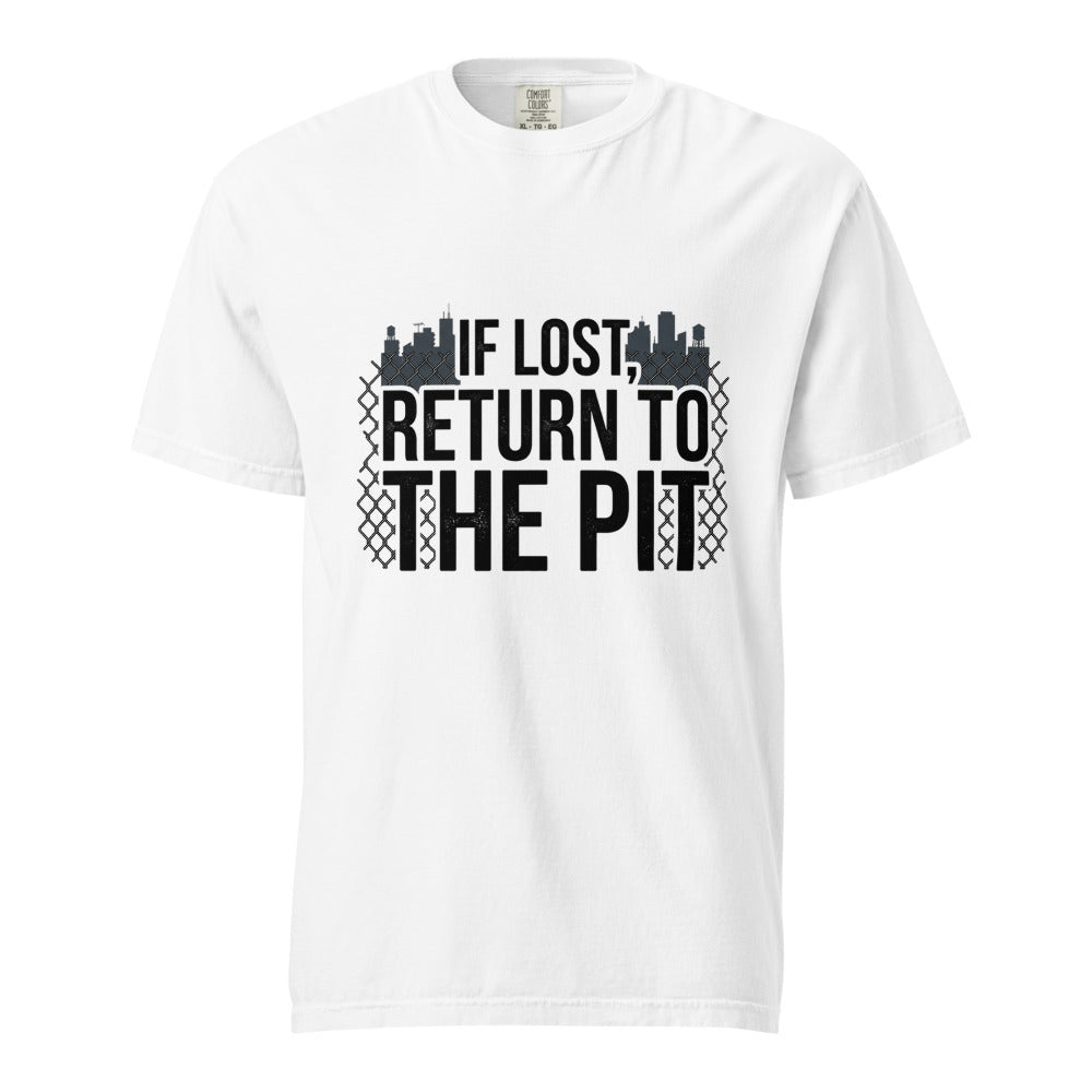 IF LOST, RETURN TO THE PIT design on a white tee - Printful mockup