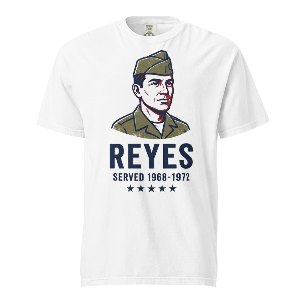 White heavyweight Comfort Colors t-shirt with an illustrated service portrait above the surname REYES and the years 1968-1972