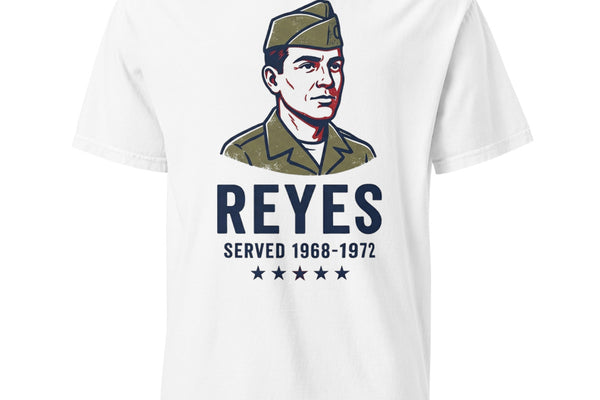 White heavyweight Comfort Colors t-shirt with an illustrated service portrait above the surname REYES and the years 1968-1972