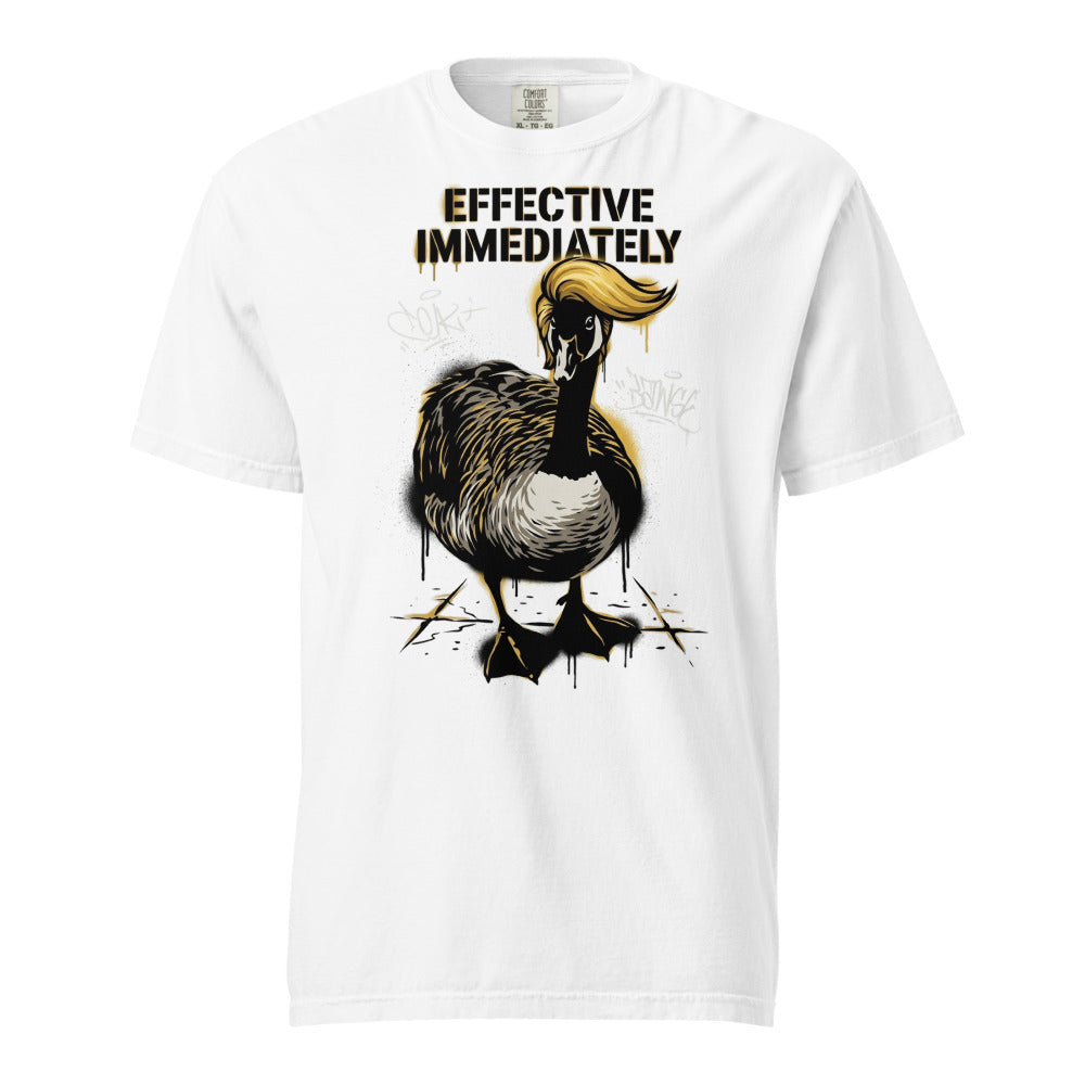 EFFECTIVE IMMEDIATELY golden swoop goose design on a white tee