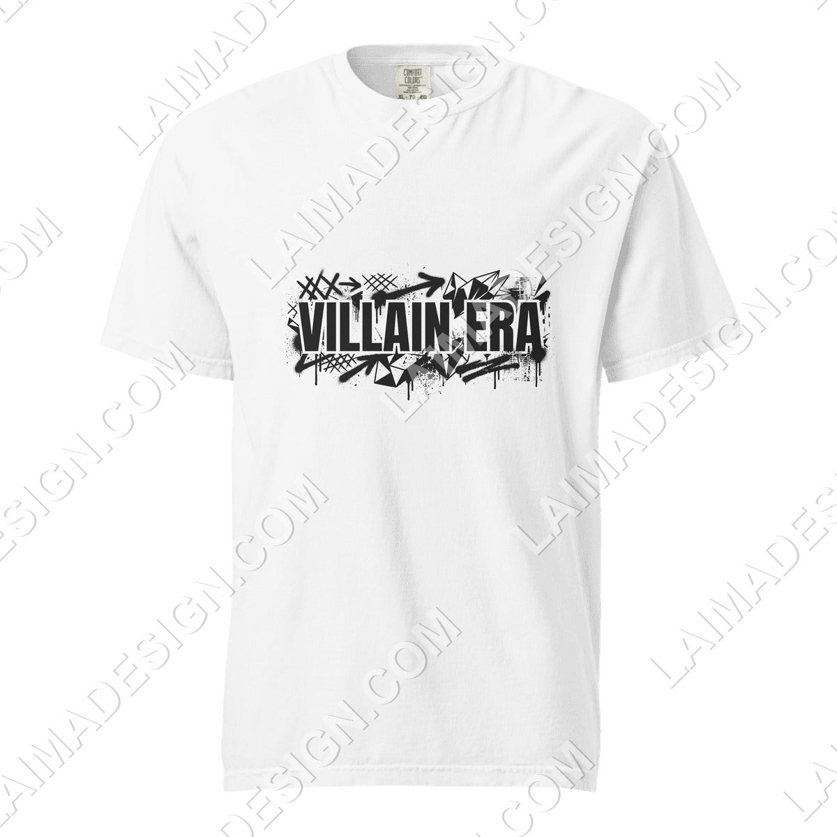 AI-generated slogan t-shirt design reading Villain Era