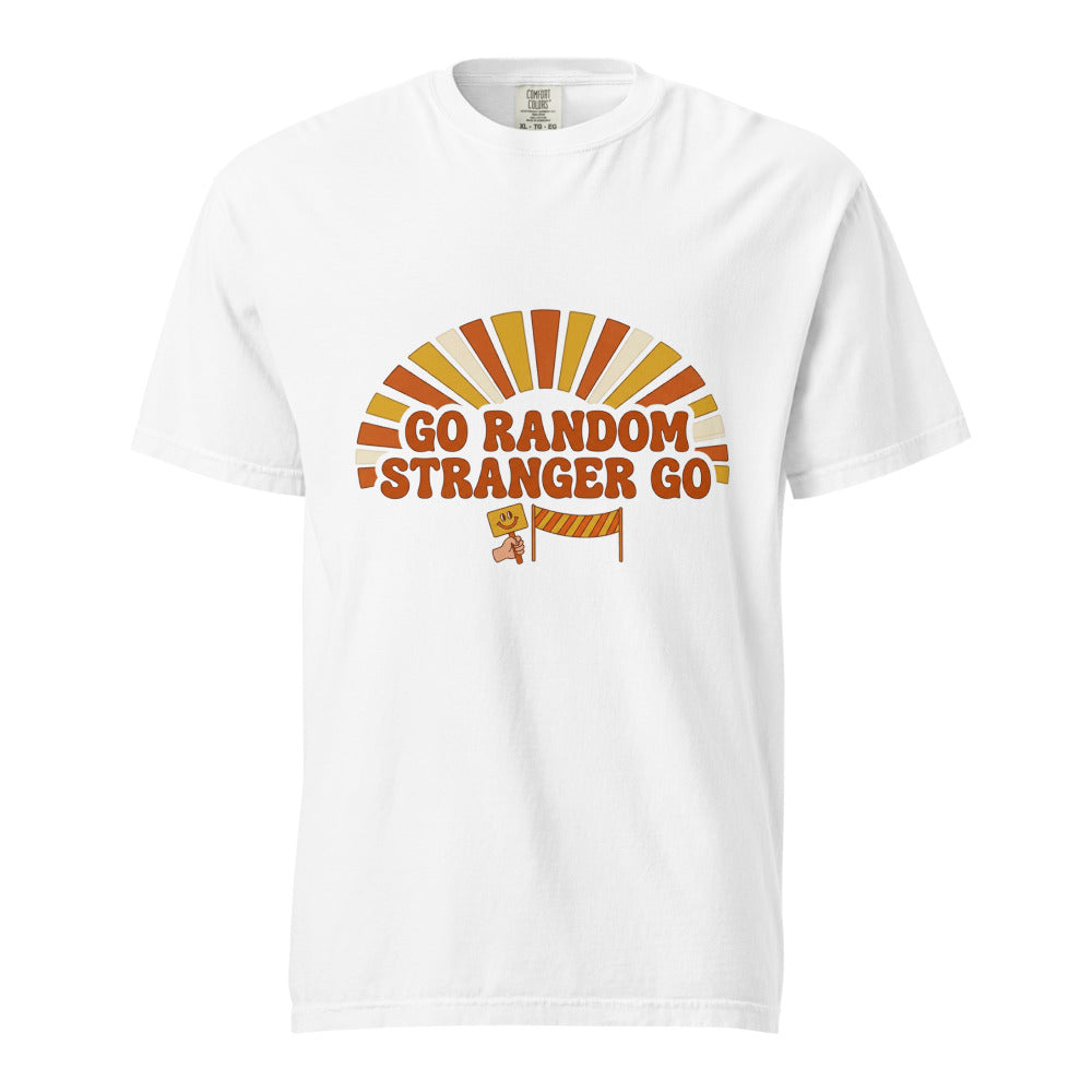 White heavyweight t-shirt with a retro 70s sunburst over the words GO RANDOM STRANGER GO and a small cheer sign and finish-line banner
