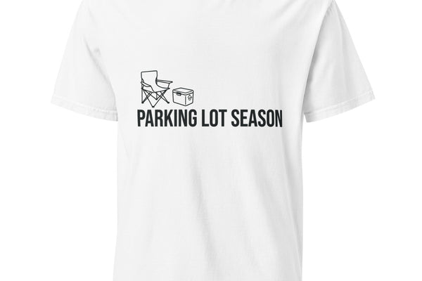 White t-shirt printed with a line-art camp chair and cooler above the words PARKING LOT SEASON